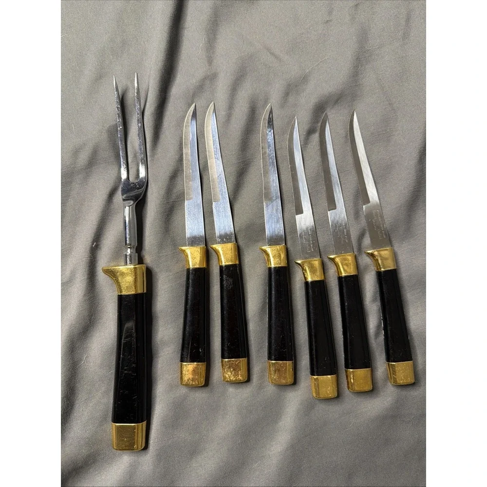 VTG 24KT GOLD PLATED REGENT SHEFFIELD & CUTLERY FORK & 6 STEAK KNIVES